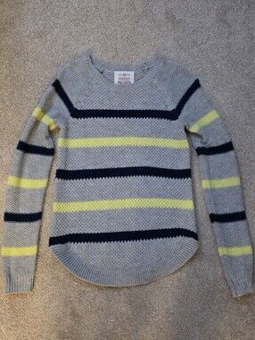 Women's Gray Stripe Knit Sweater with Neon Yellow & Navy, Size M